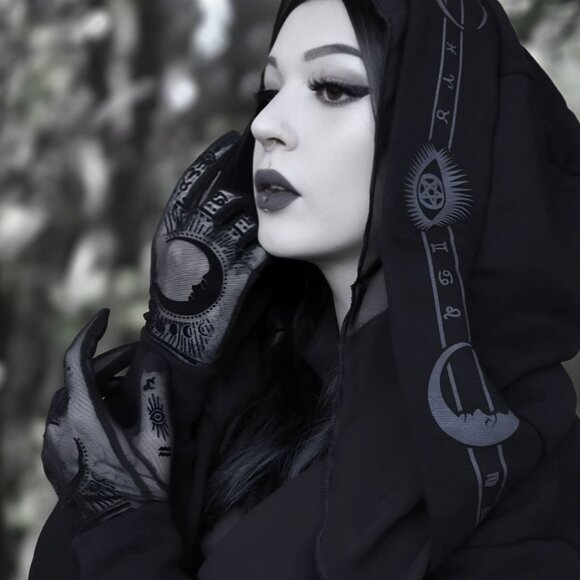 Restyle Gothic Sheer Black Velvet Gloves ✦ Witch Symbols ✦ Rare ✦ Discontinued - Picture 1 of 15